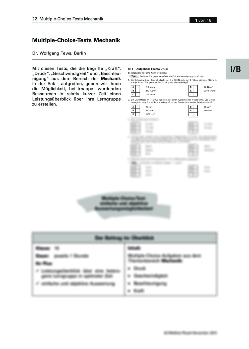 Multiple-Choice-Tests zur Mechanik Teil I - Seite 1