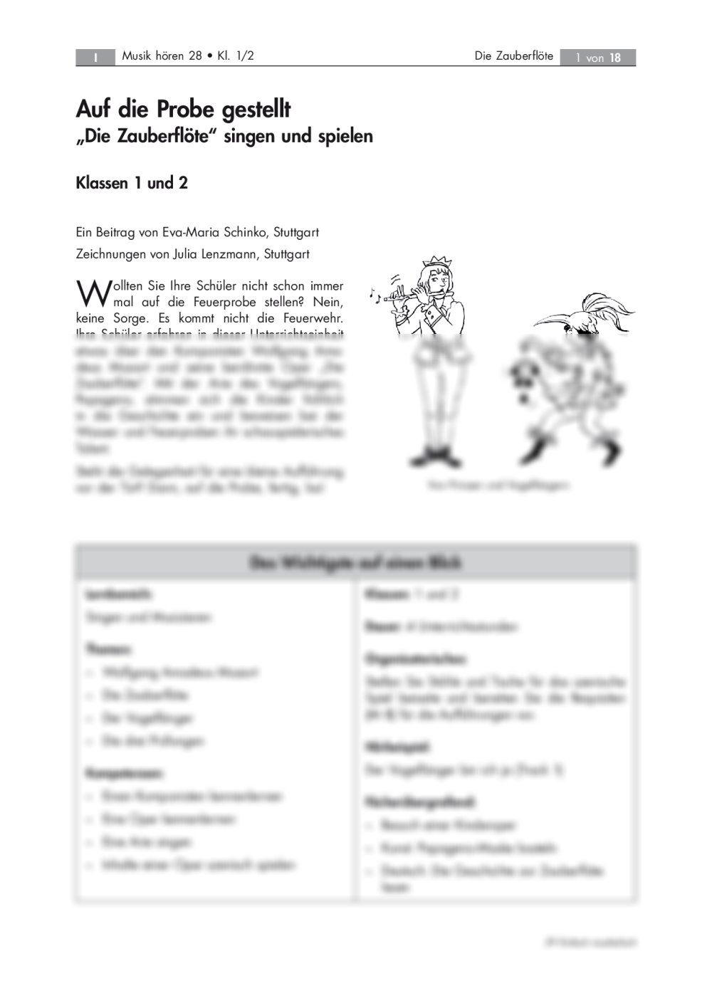 "Die Zauberflöte" - Unterrichtsmaterialien für die Grundschule - Seite 1