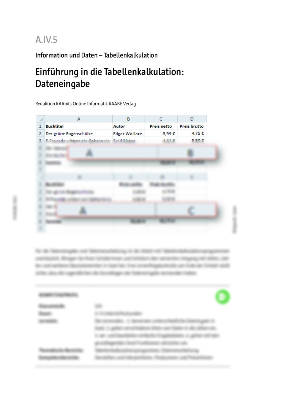 Einführung in die Tabellenkalkulation: Dateneingabe - Seite 1