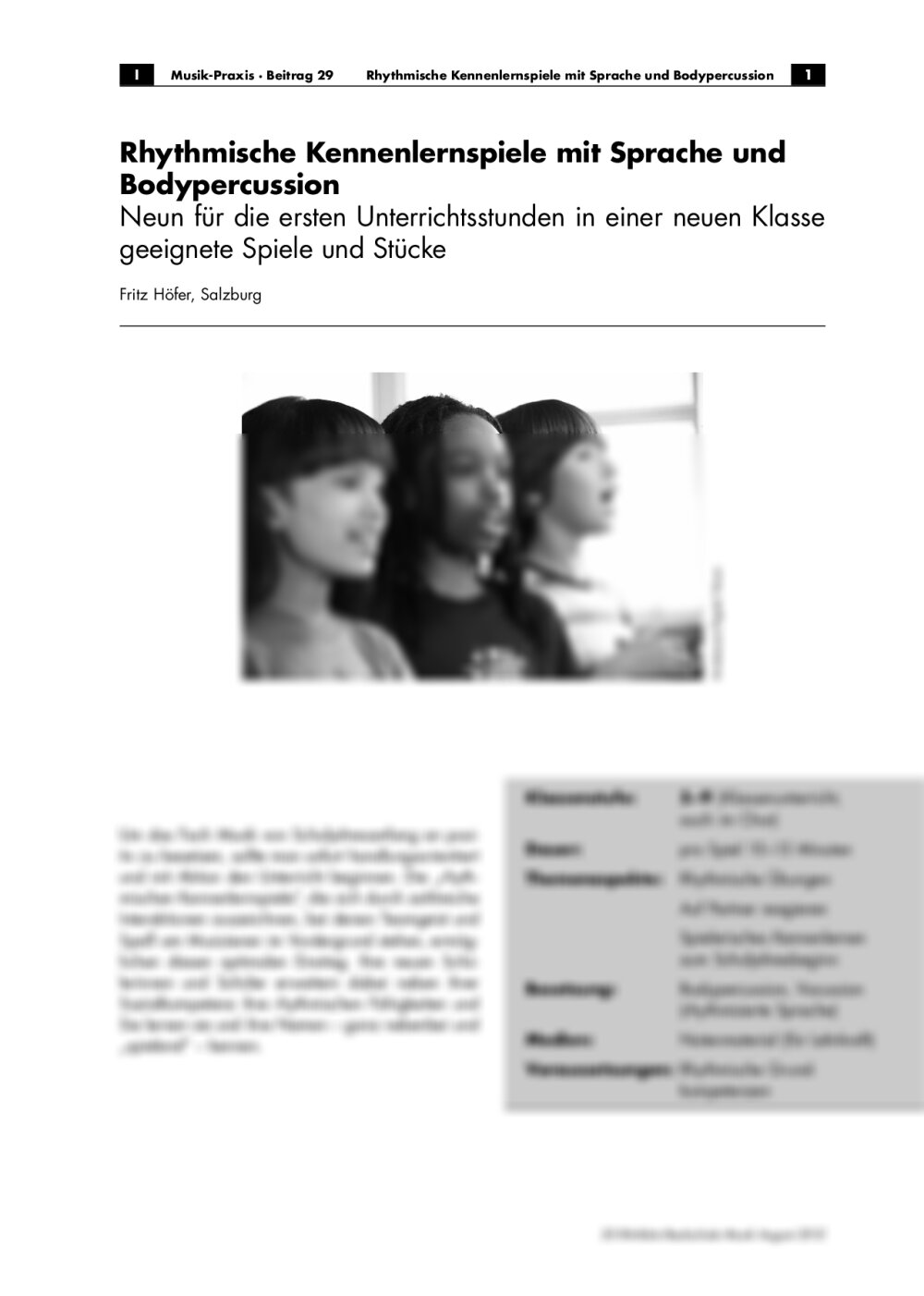 Neun für die ersten Unterrichtsstunden in einer neuen Klasse geeignete Spiele und Stücke - Seite 1