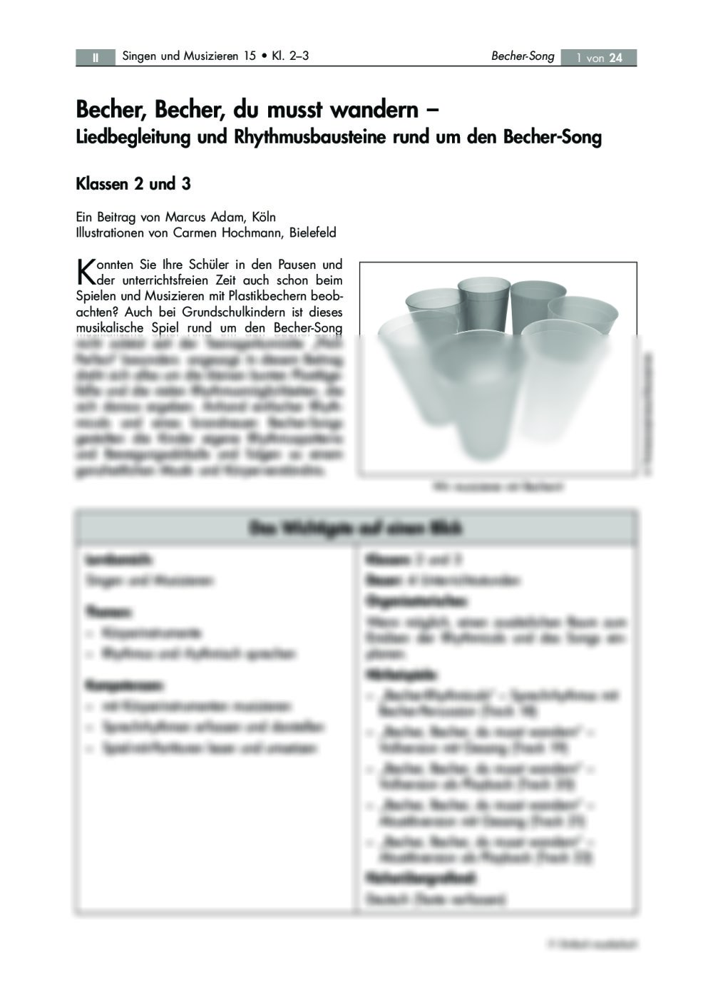 Liedbegleitung und Rhythmusbausteine rund um den Becher-Song - Seite 1