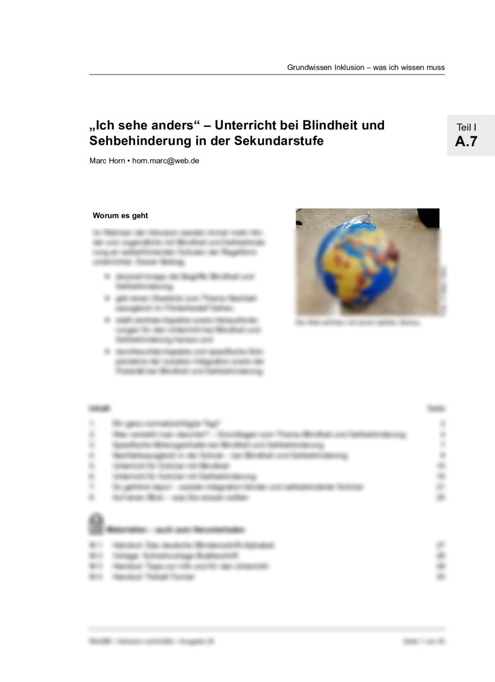 Unterricht bei Blindheit und Sehbehinderung in der Grundschule - Seite 1