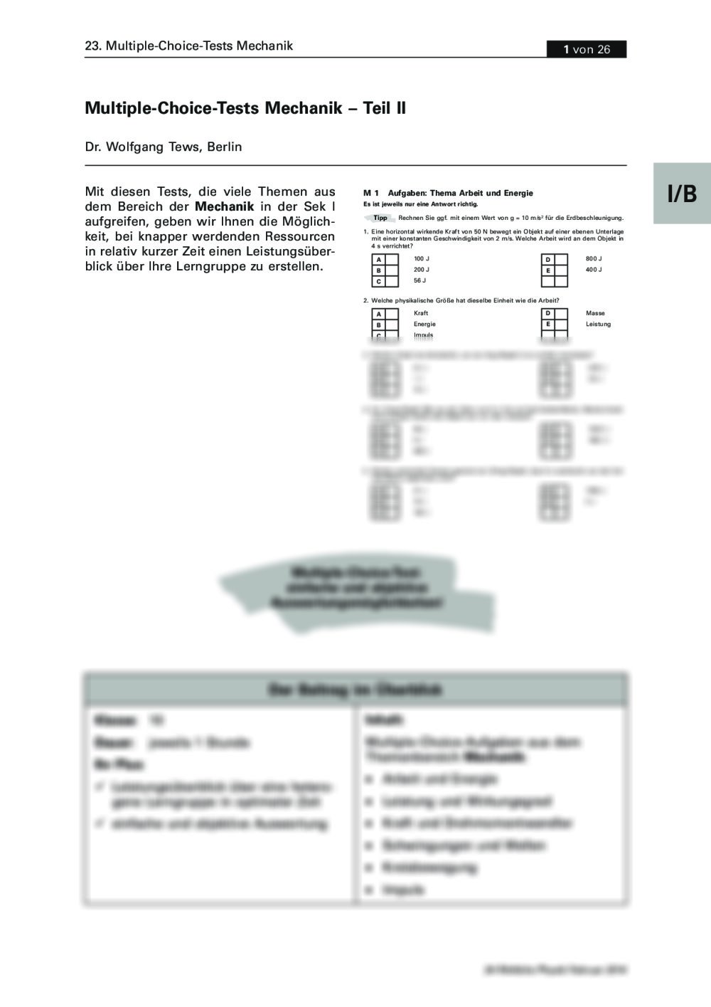 Multiple-Choice-Tests zur Mechanik Teil II - Seite 1