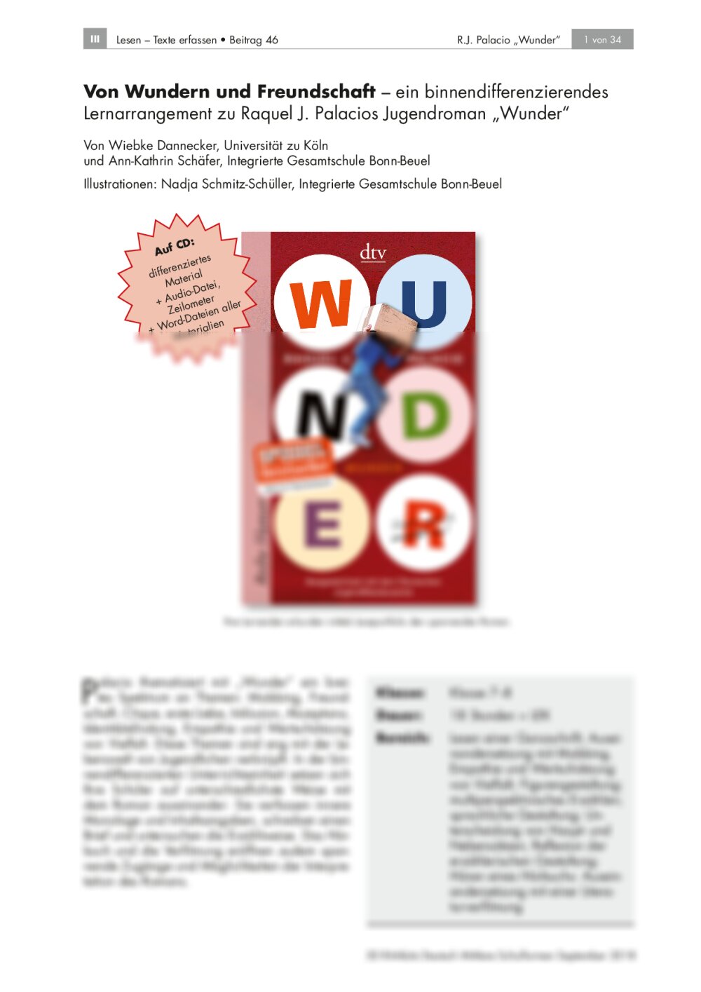 Ein binnendifferenziertes Lernarrangement zum Jugendbuch „Wunder“ - Seite 1