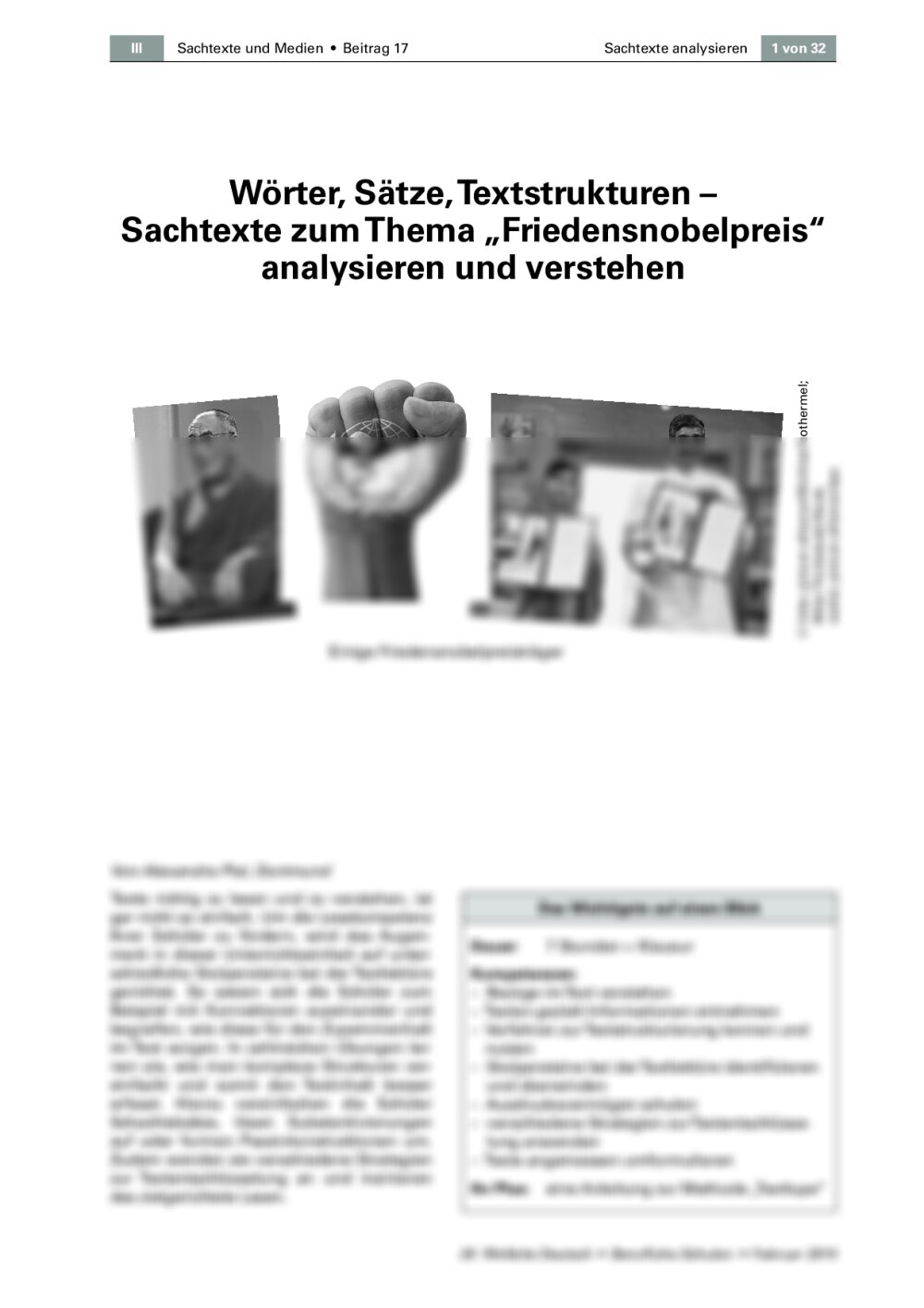 Sachtexte zum Thema „Friedensnobelpreis“ analysieren und verstehen - Seite 1