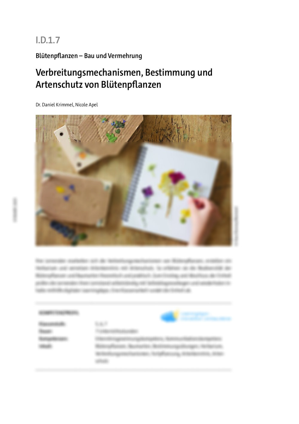 Verbreitungsmechanismen, Bestimmung und Artenschutz von Blütenpflanzen - Seite 1