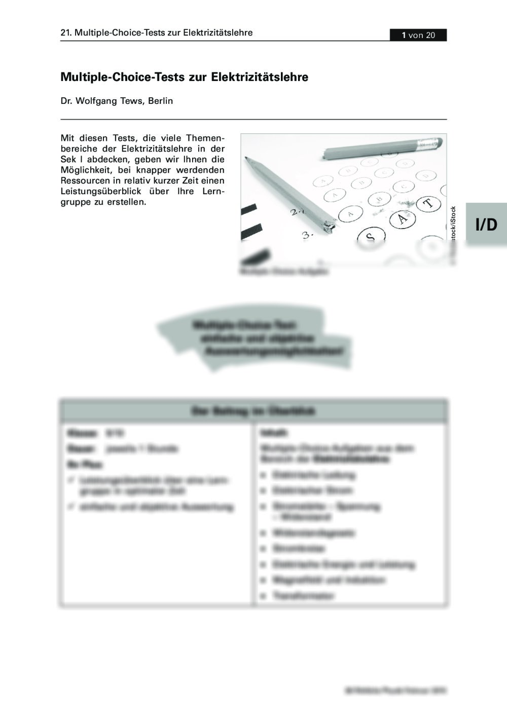 Multiple-Choice-Tests zur Elektrizitätslehre - Seite 1